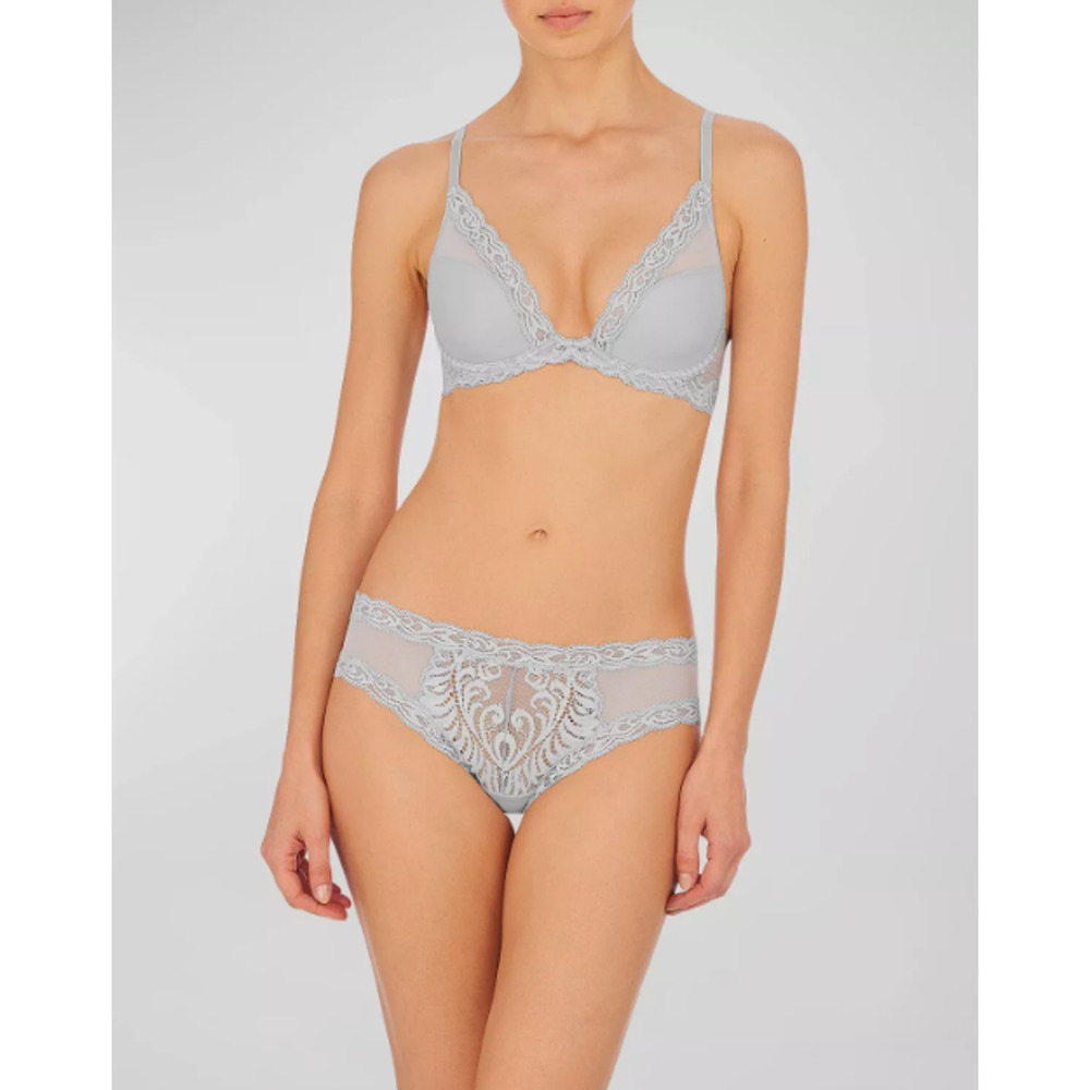 Natori FEATHERS Rainy Blue Lace UW Contour Plunge Bra 34DD & Hipster M 14701